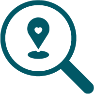 Magnifying glass icon with placemaker heart indicating analysis of good business practices.